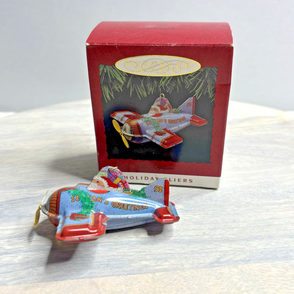 VINTAGE 1993 Hallmark Holiday Fliers Tin Airplane Christmas Ornament - Picture 1 of 3